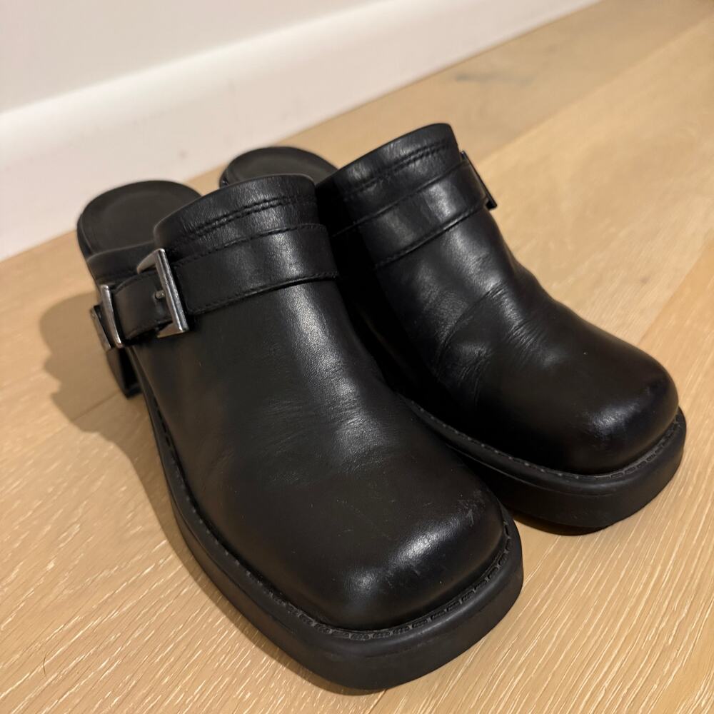 VTG Harley Davidson Chunky Black Leather Mules square toe Clogs sz 7.5 mall goth